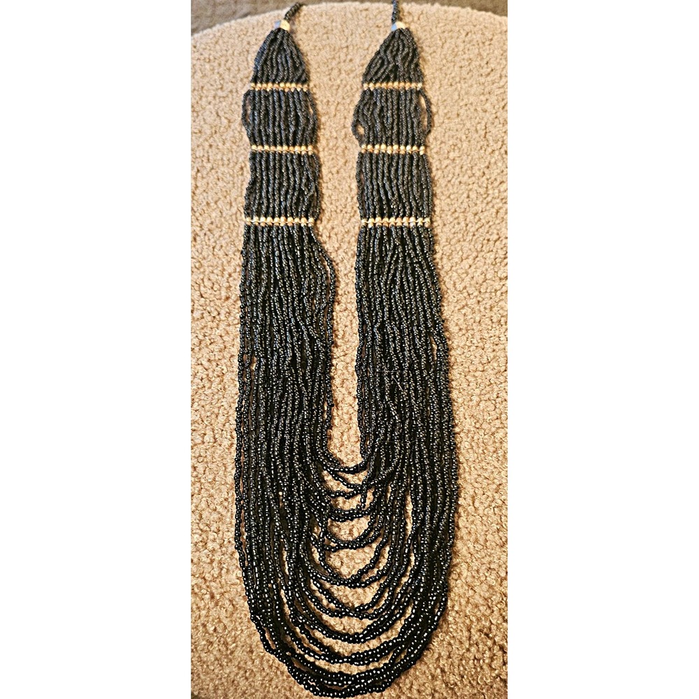 Black Multi-Strand Glass Beaded Bib Statement Necklace, Round Beads
